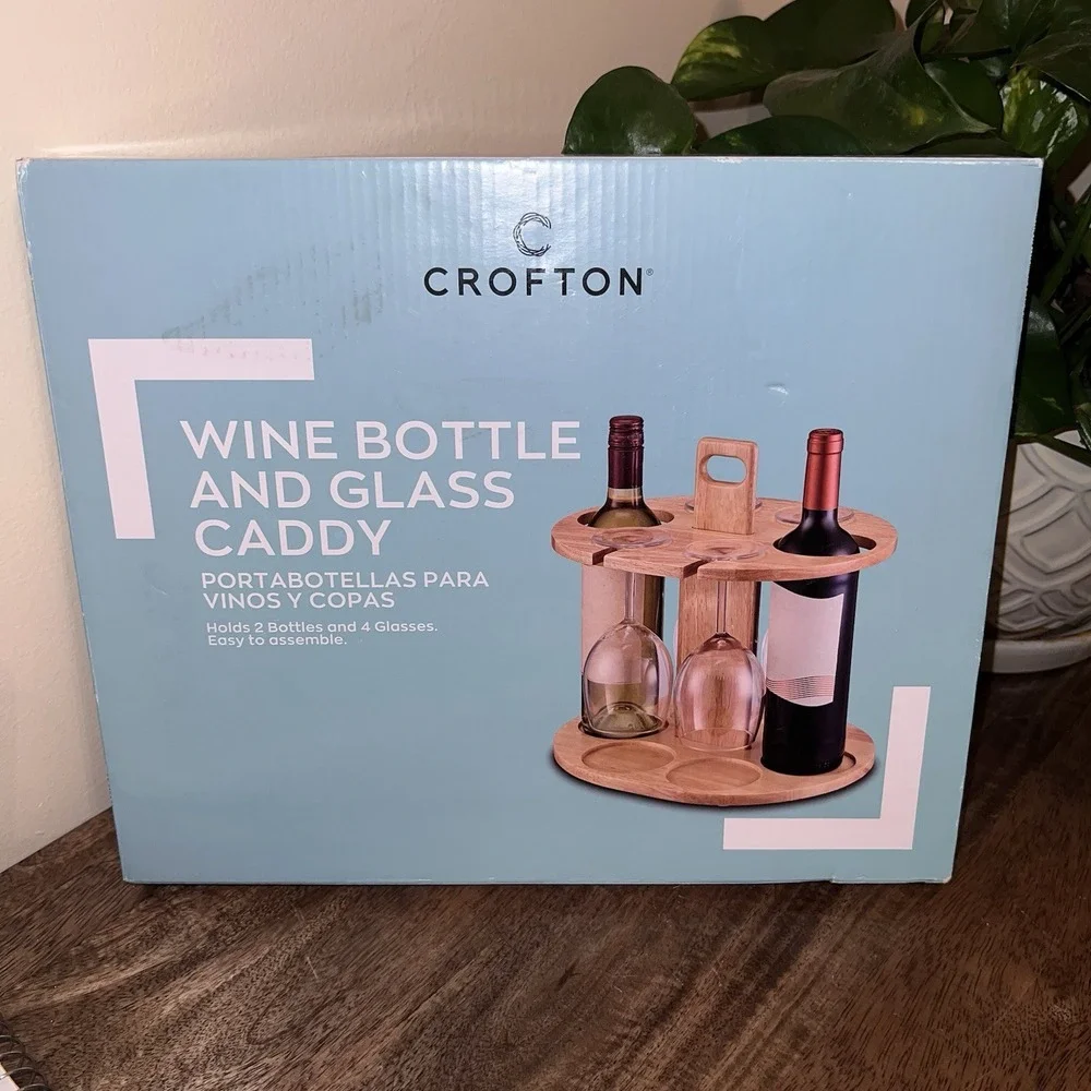 Wine Bottle Holder Glass Caddy Cup‎ Wooden Rack w/ Handle New in Box